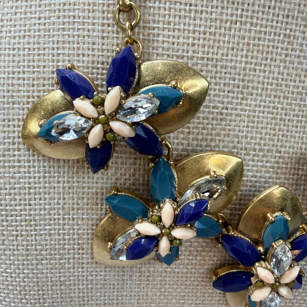 J.Crew Floral Statement Necklace Gold Tone Blue Teal Resin Crystal Flower Bib